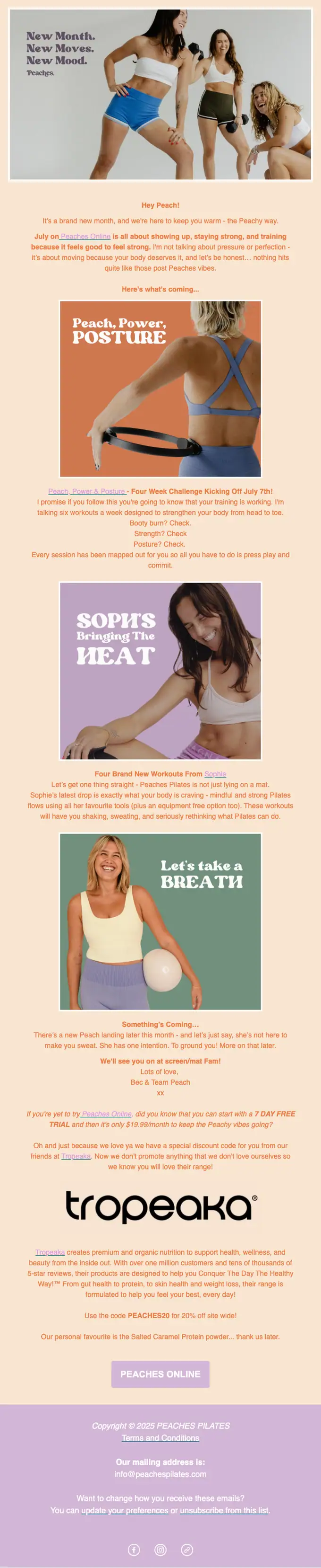 Peaches Pilates newsletter email, full length