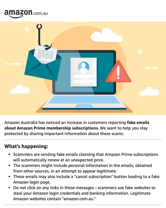 Amazon.com.au security alert email: Protect yourself from scams