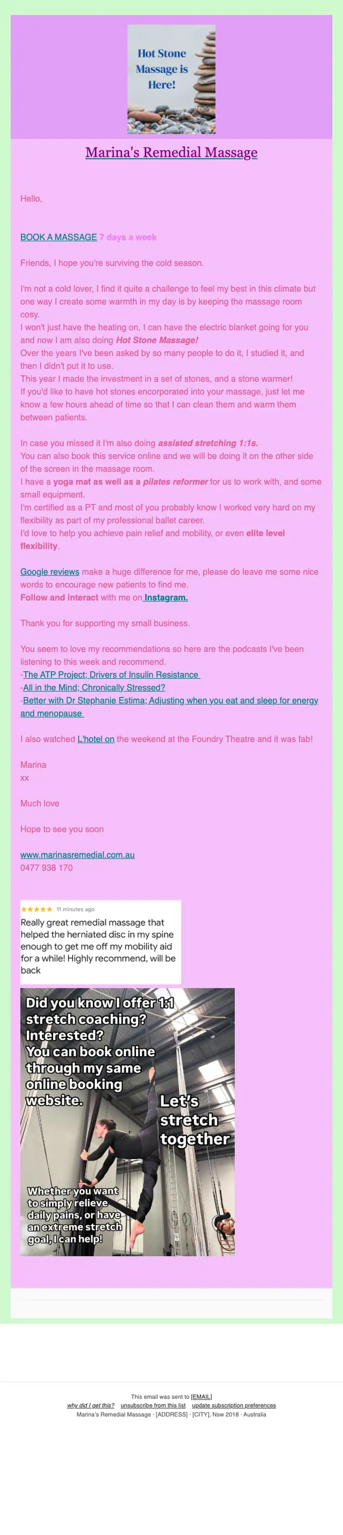 Marina's Remedial Massage promotional email, full length