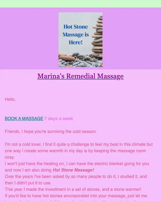 Marina's Remedial Massage promotional email