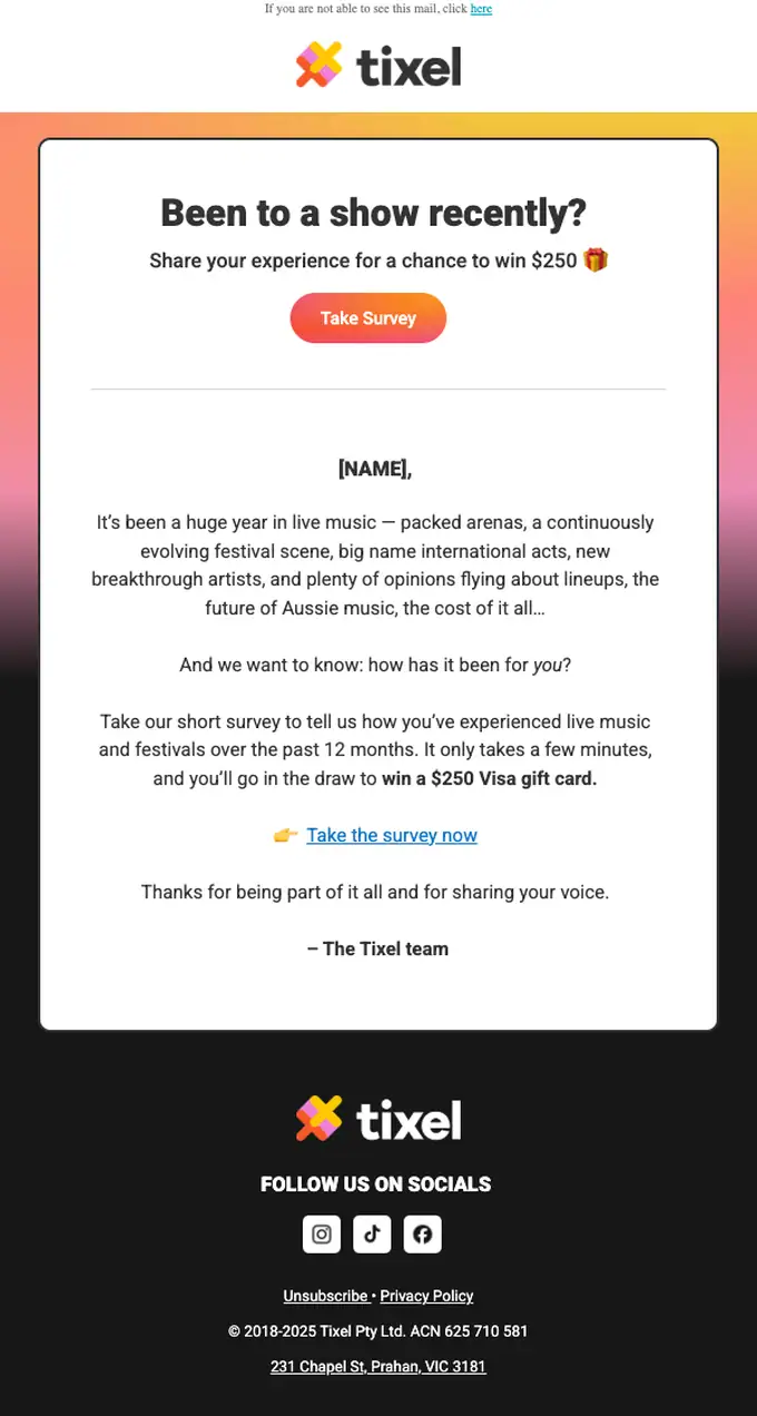 Tixel survey email, full length