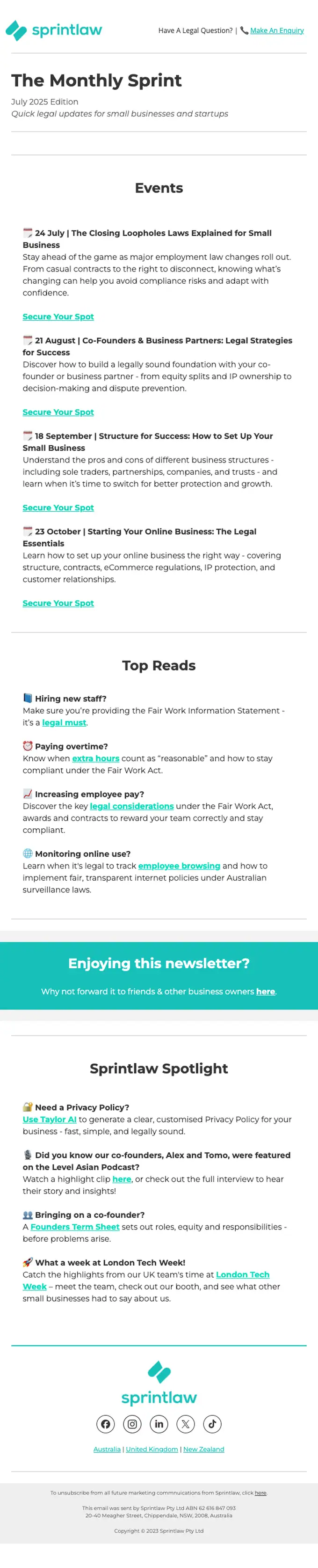 Sprintlaw newsletter email, full length
