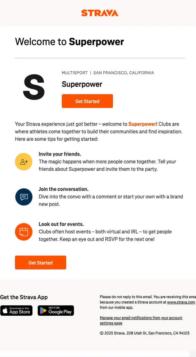 Strava welcome email, full length