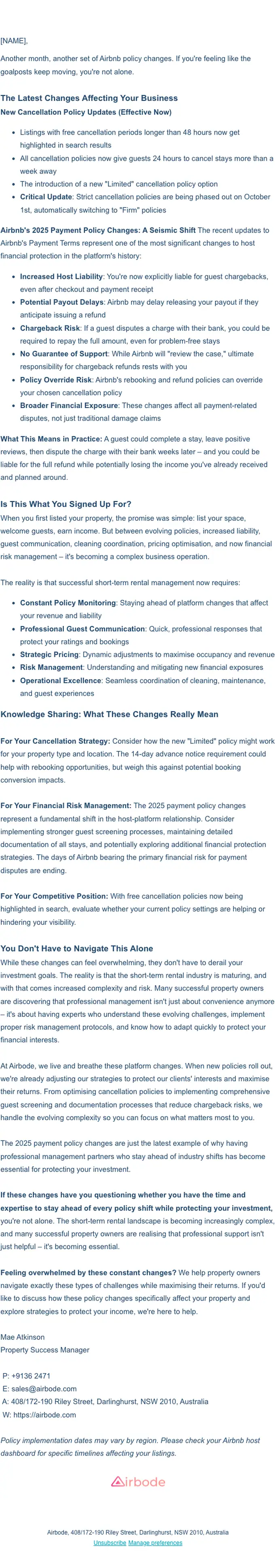 Airbode Property newsletter email, full length