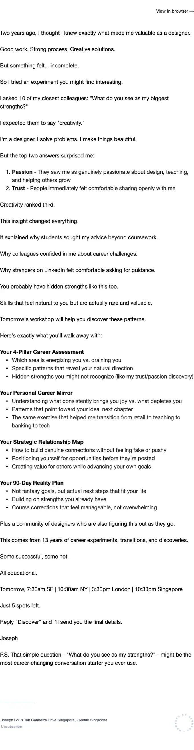 UX Careerpreneur promotional email, full length