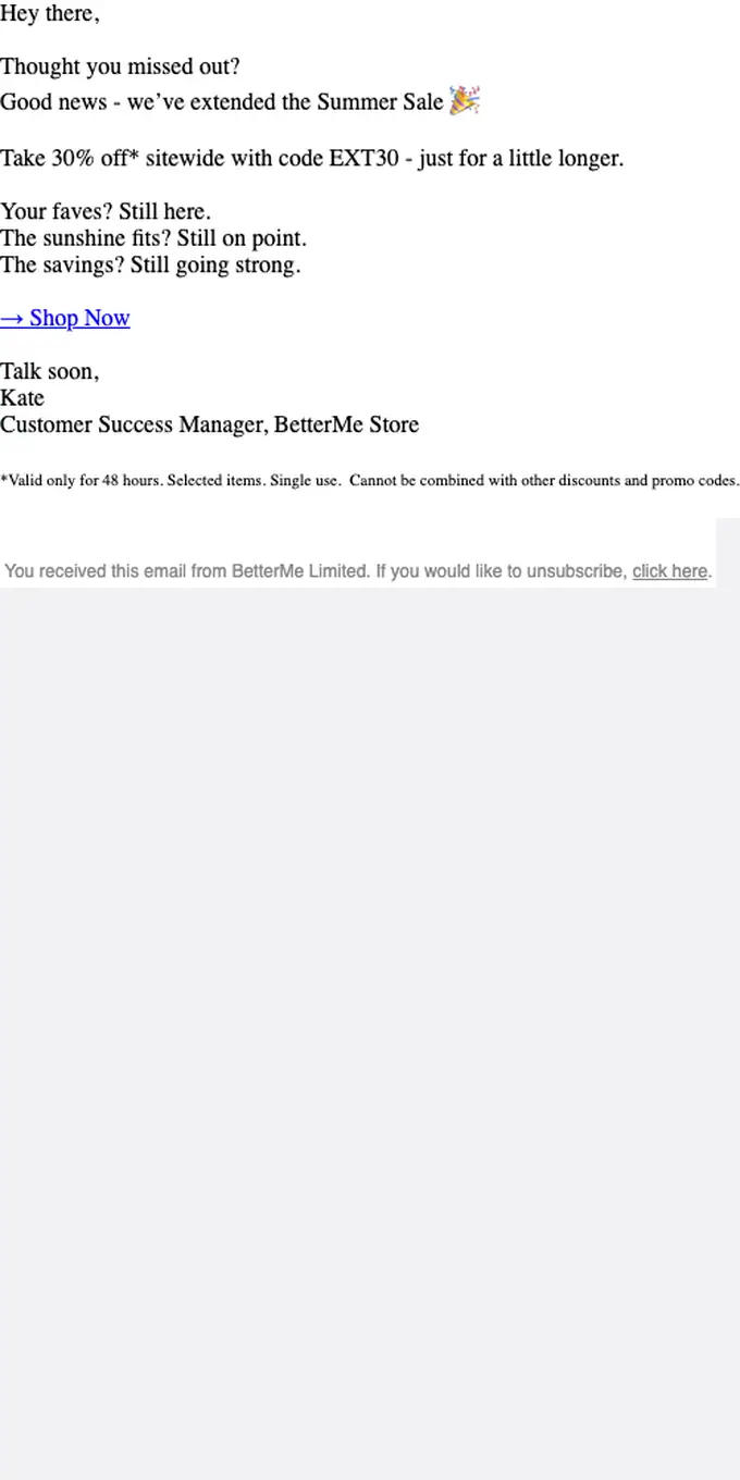 BetterMe Store sale email, full length