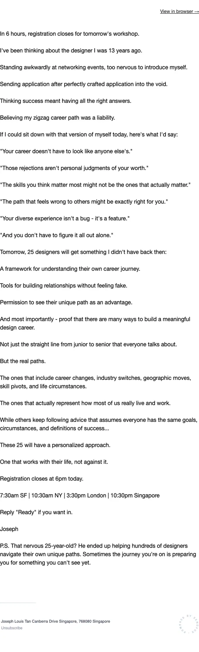 UX Careerpreneur promotional email, full length