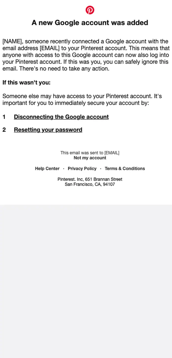 Pinterest security alert email, full length