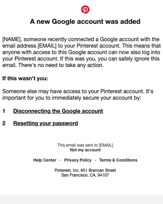 Pinterest security alert email