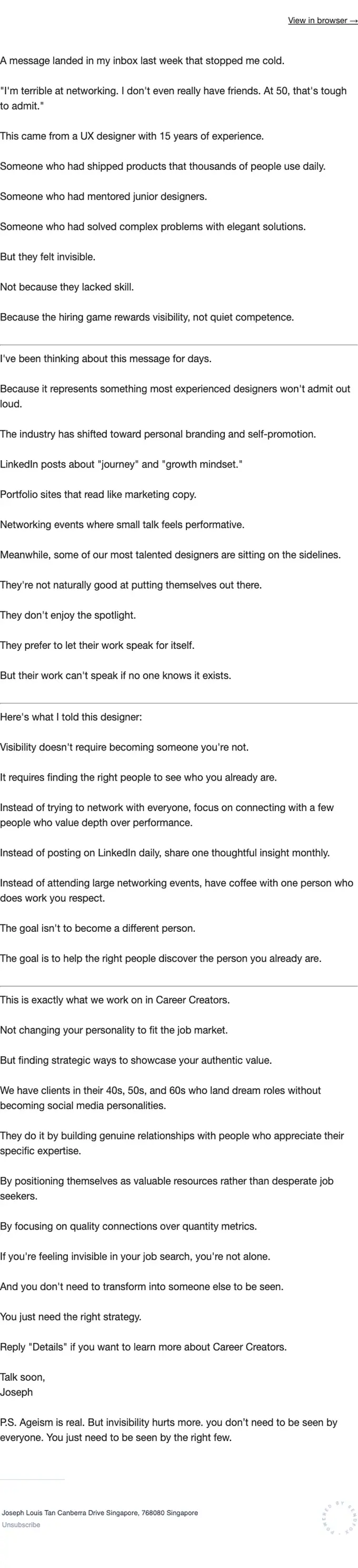 UX Careerpreneur newsletter email, full length