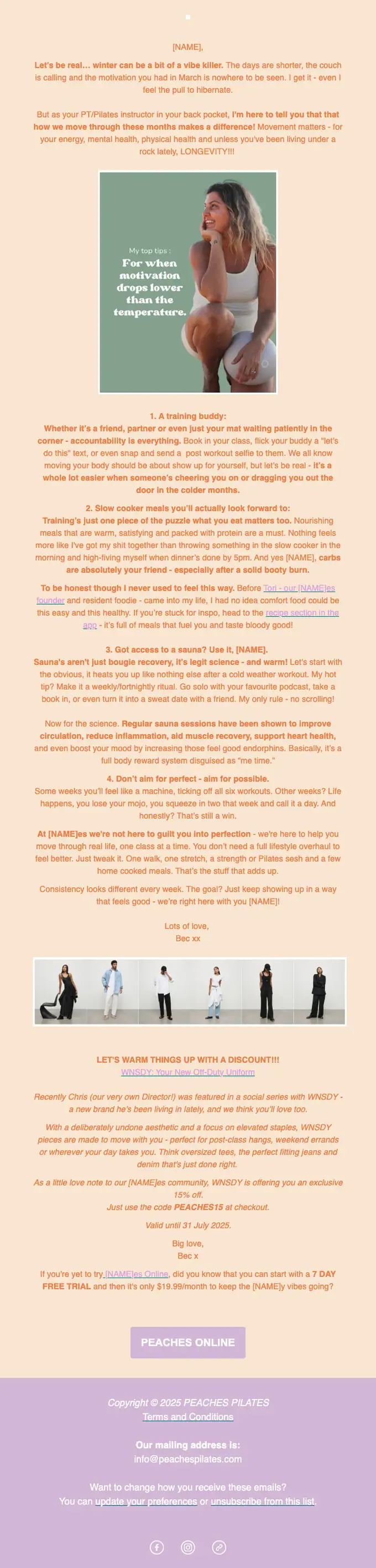 Peaches Pilates promotional email, full length