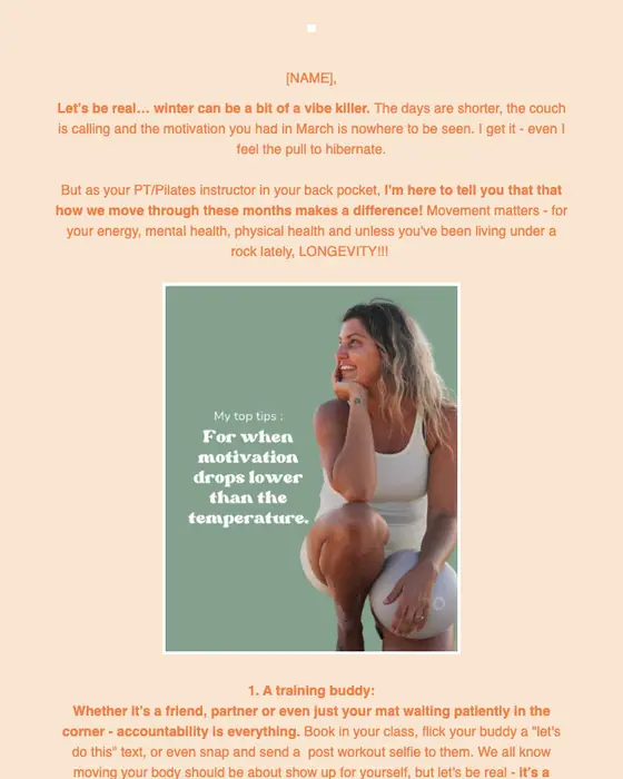 Peaches Pilates promotional email