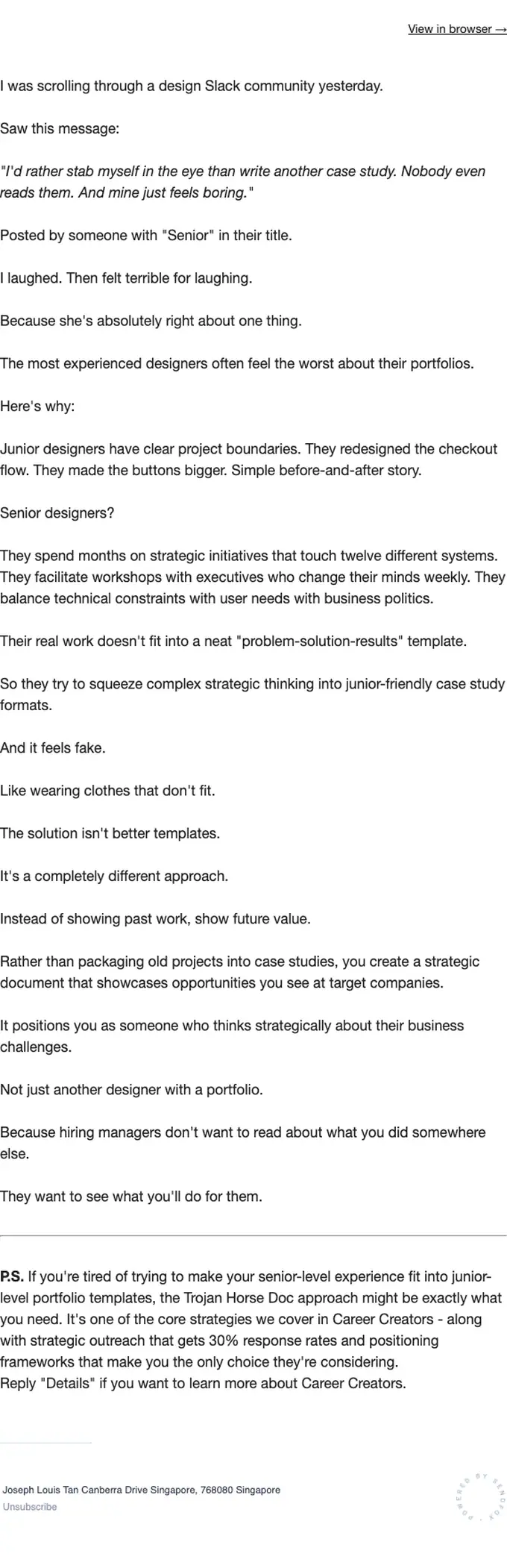 UX Careerpreneur newsletter email, full length