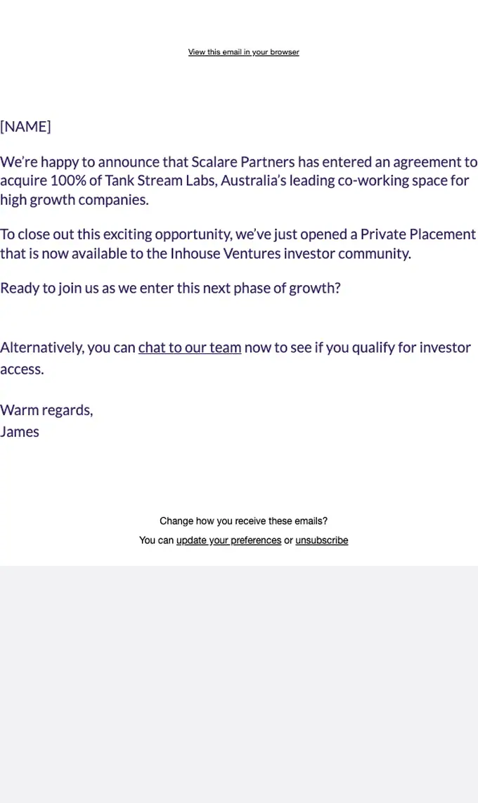 Inhouse Ventures promotional email, full length