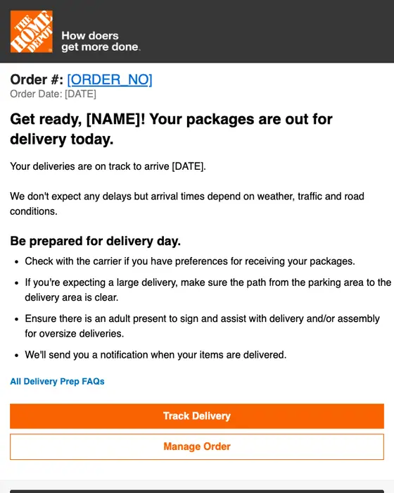 The Home Depot delivery email