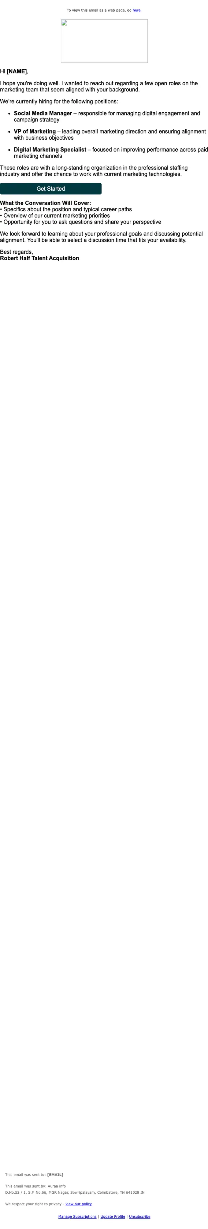 Robert Half HR job alert email, full length