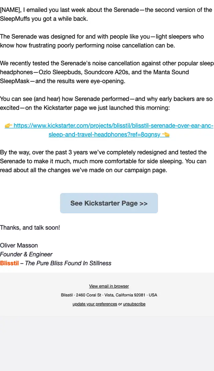 Blisstil promotional email, full length