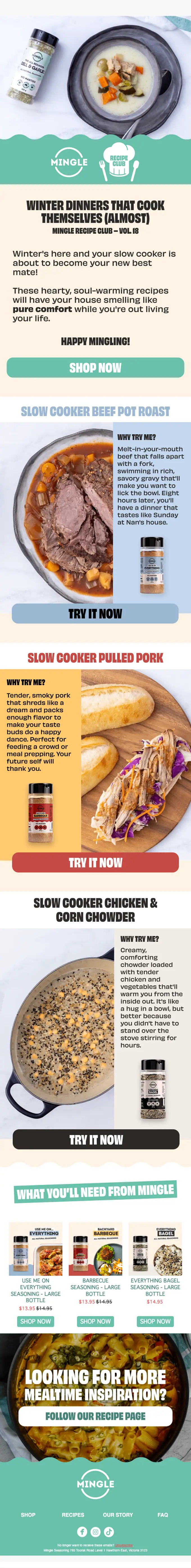 Mingle Recipe Club newsletter email, full length