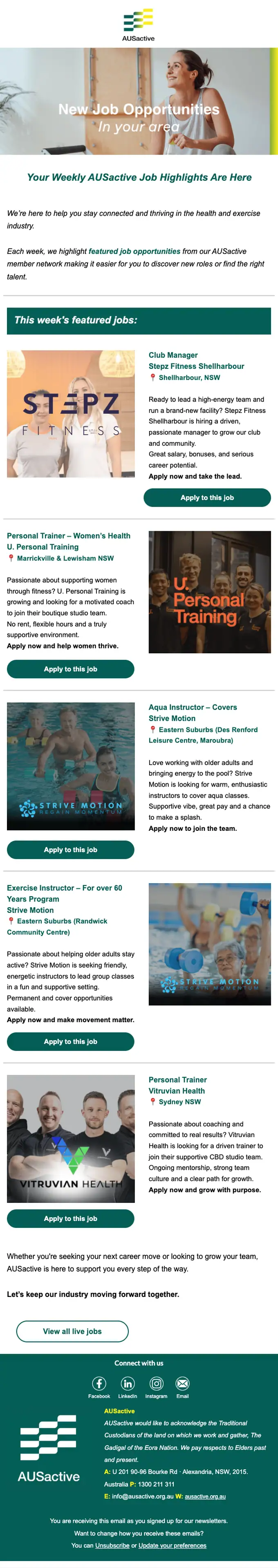 AUSactive job alert email, full length