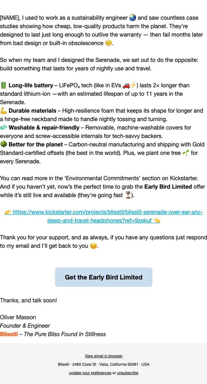 Blisstil promotional email, full length