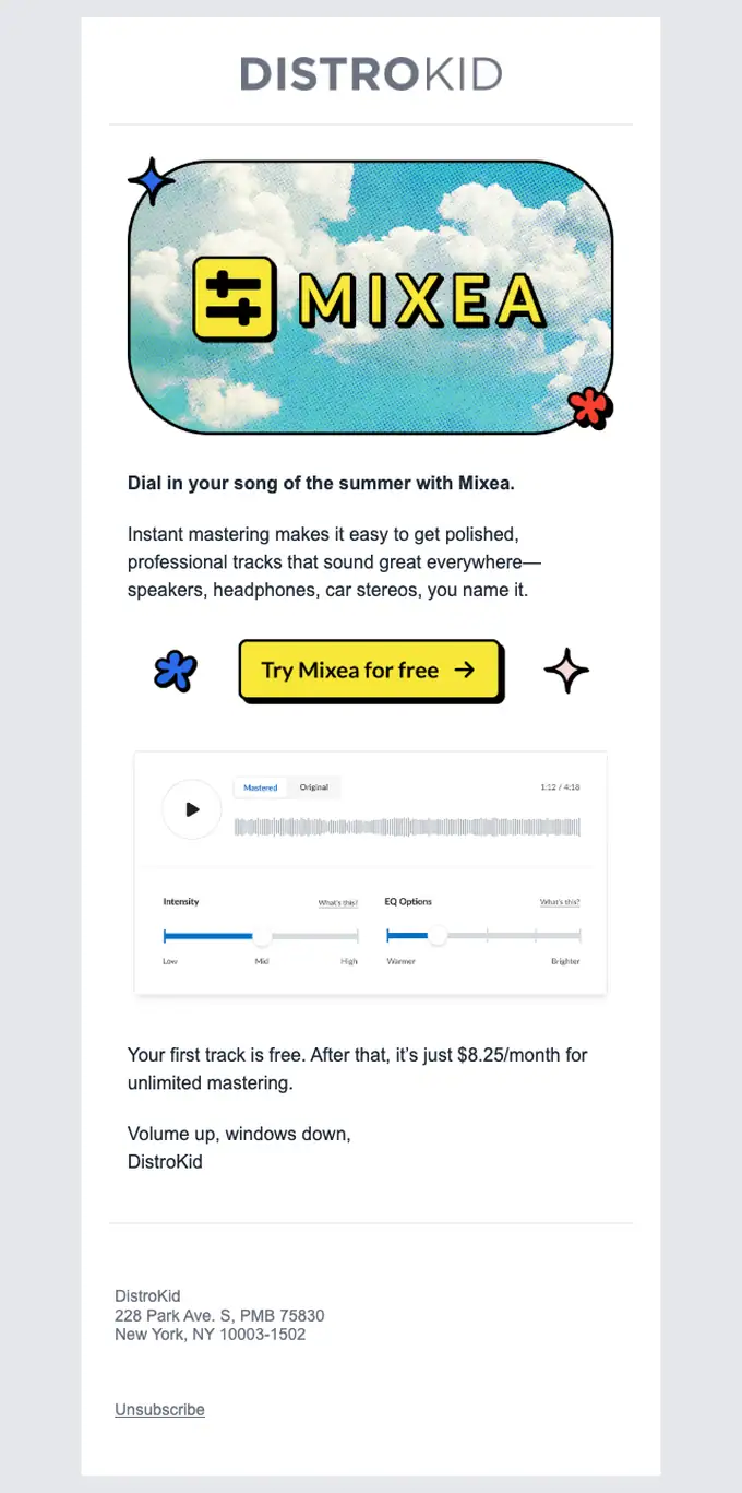 DistroKid promotional email, full length