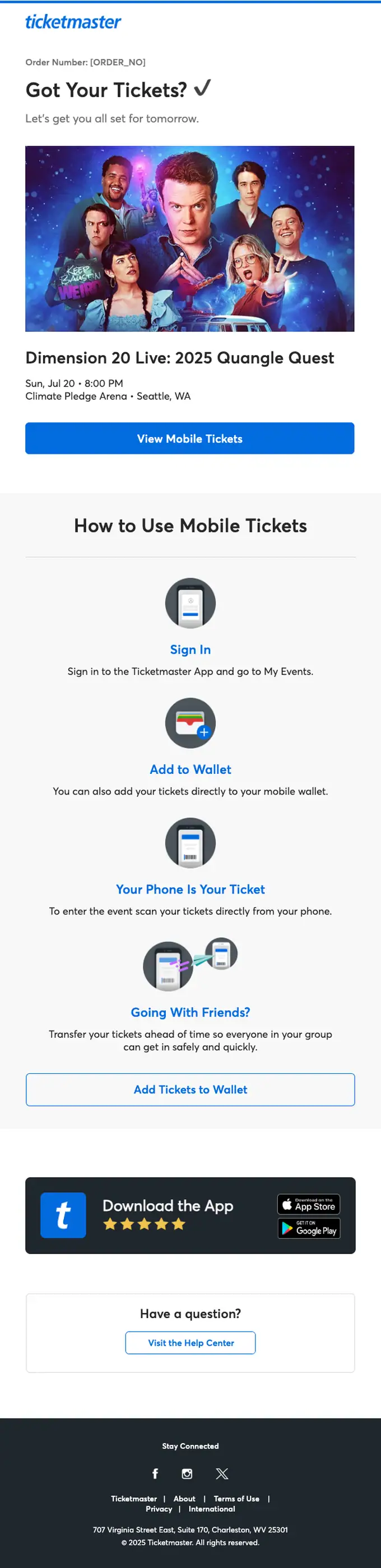 Ticketmaster account notice email, full length