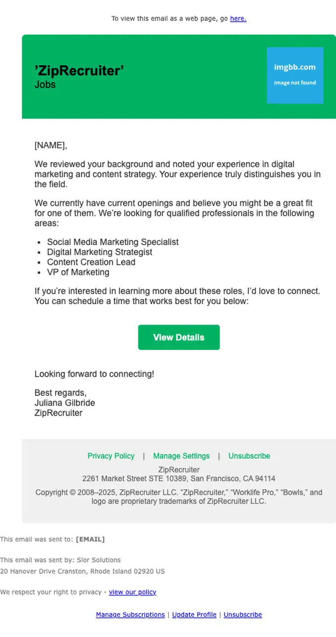 ZipRecruiter job alert email, full length