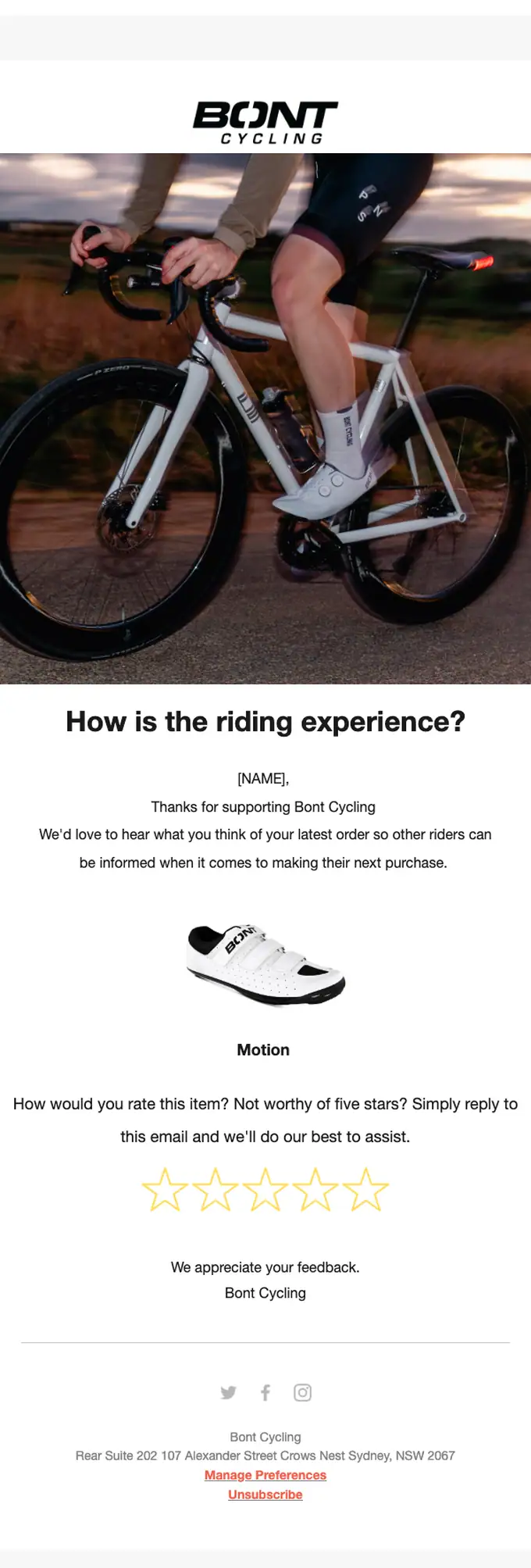 Bont Cycling survey email, full length