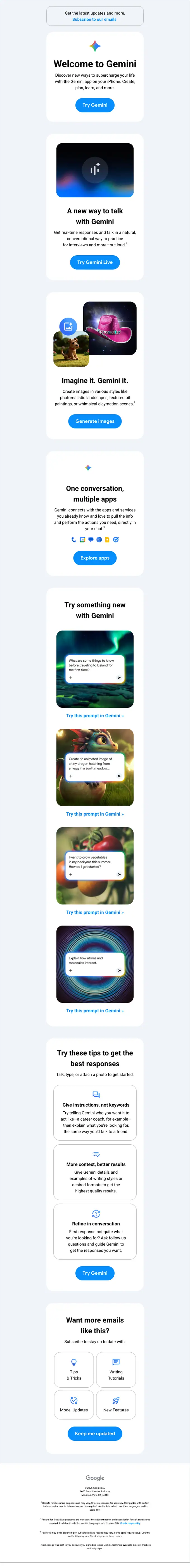 Google Gemini welcome email, full length