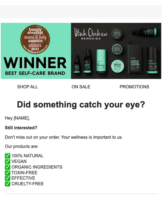 Black Chicken Remedies abandoned cart email