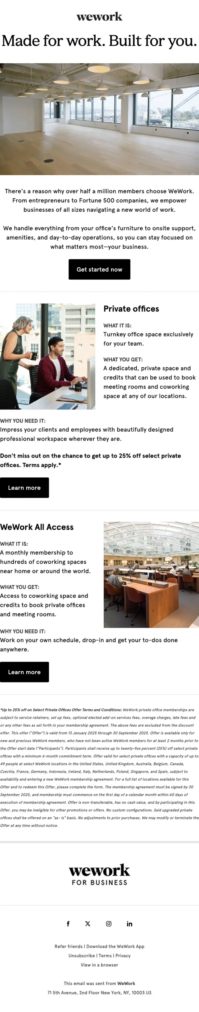 WeWork promotional email, full length