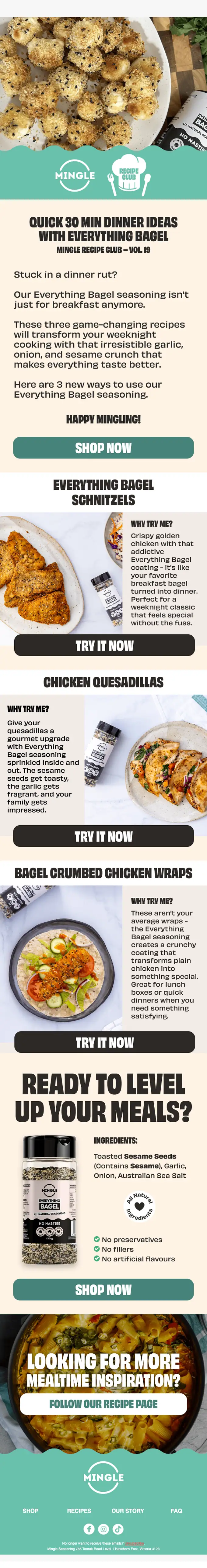 Mingle Recipe Club newsletter email, full length