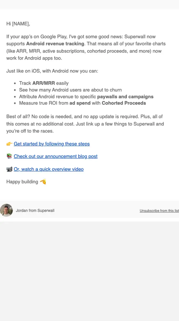 Superwall product launch email, full length
