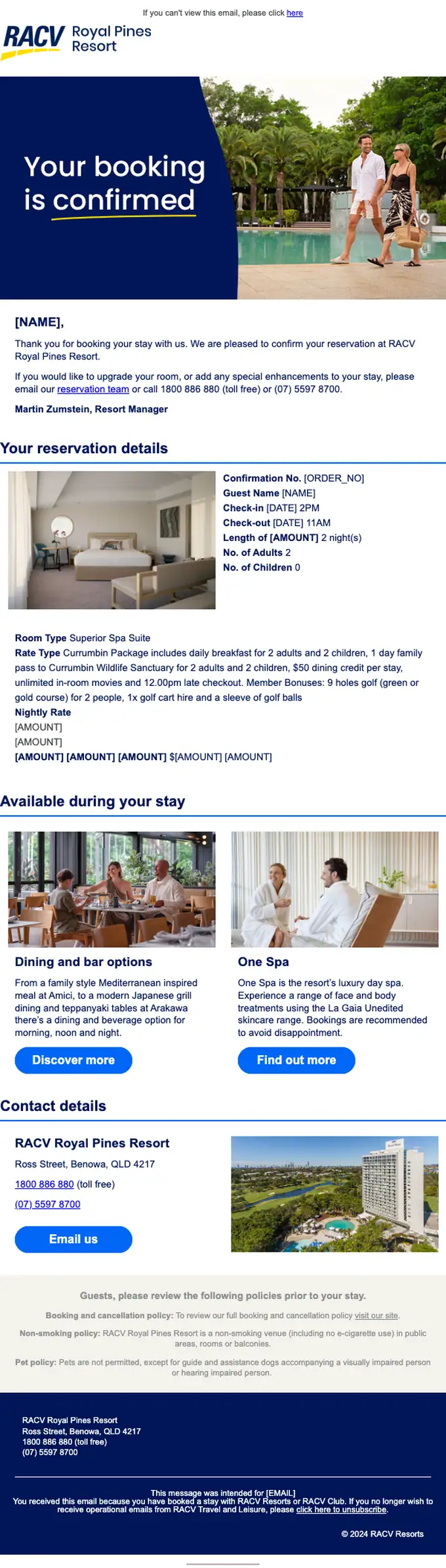 RACV Royal Pines Resort booking confirmation email, full length