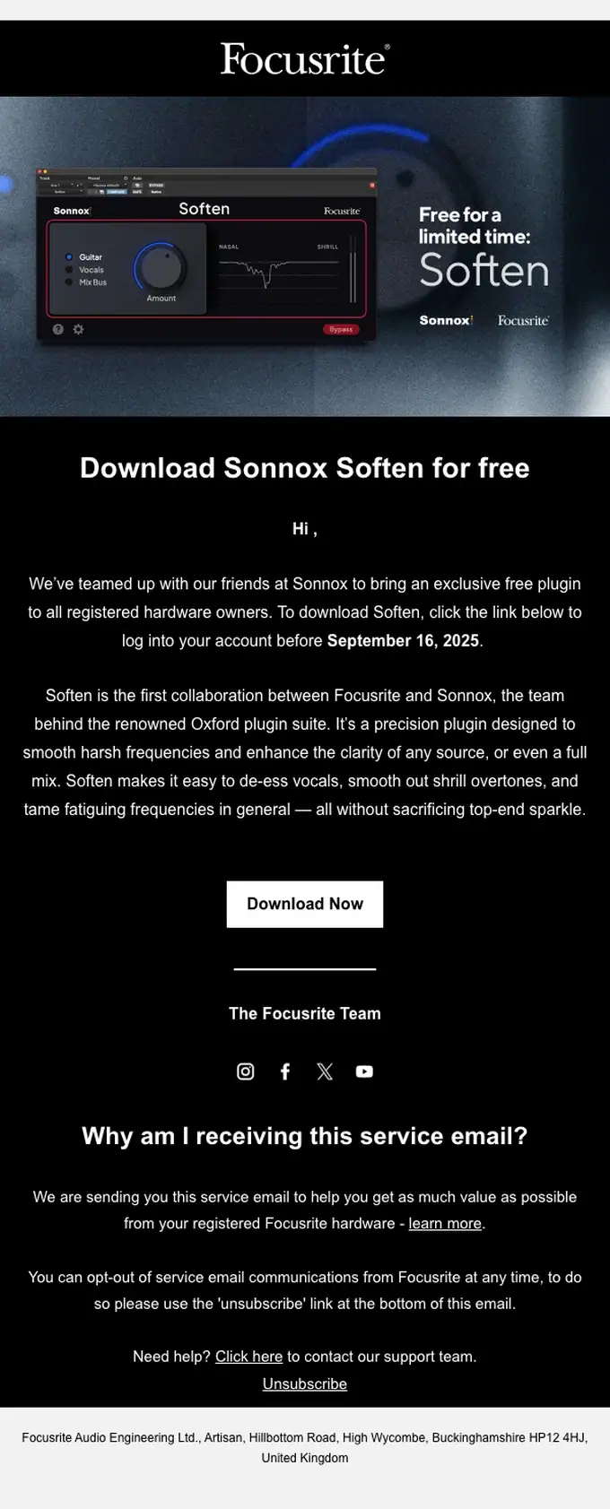 Focusrite promotional email, full length