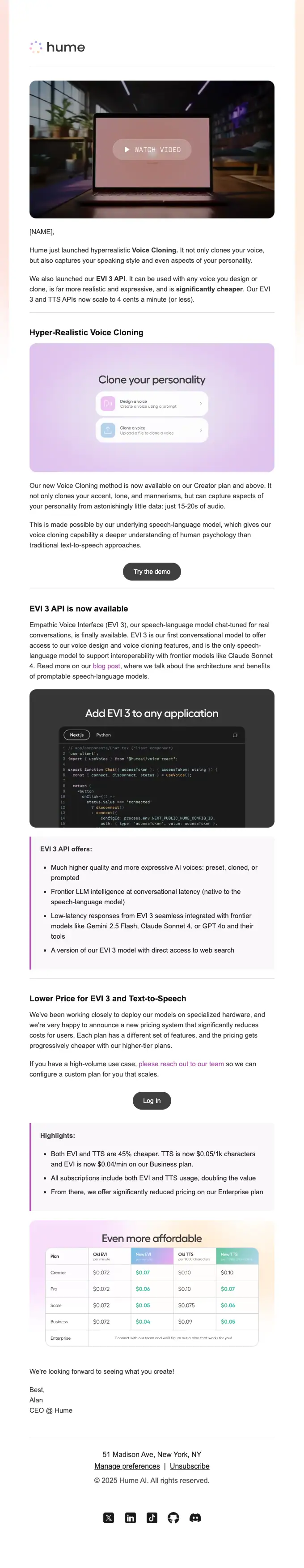 Hume AI product launch email, full length