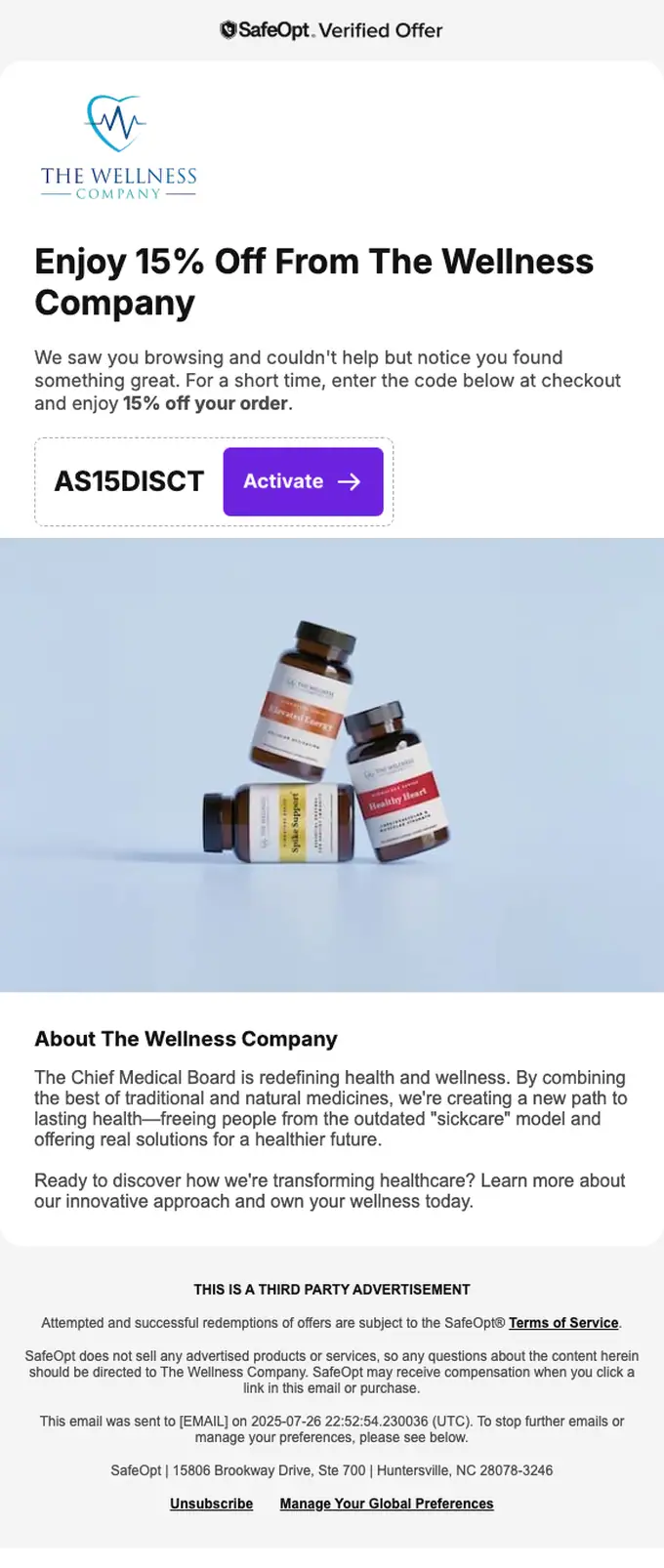 The Wellness Company abandoned cart email, full length