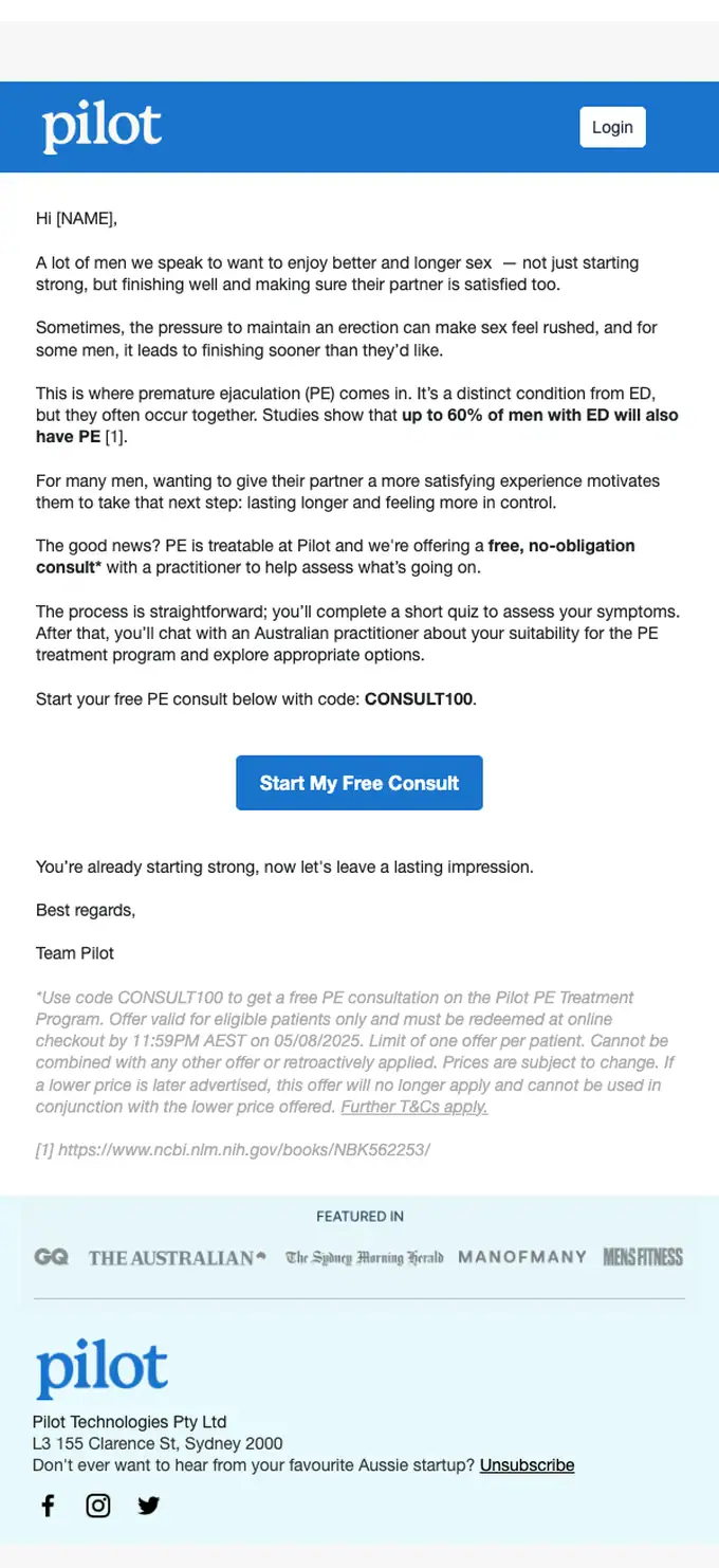 Pilot promotional email, full length