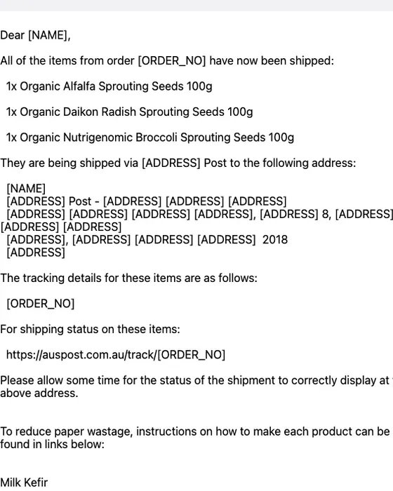Nourishme Organics shipping email