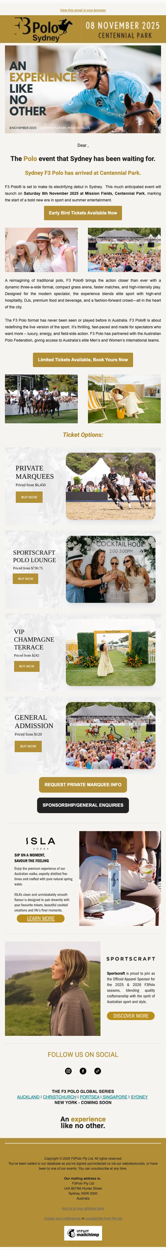 F3 Polo Sydney event invite email, full length