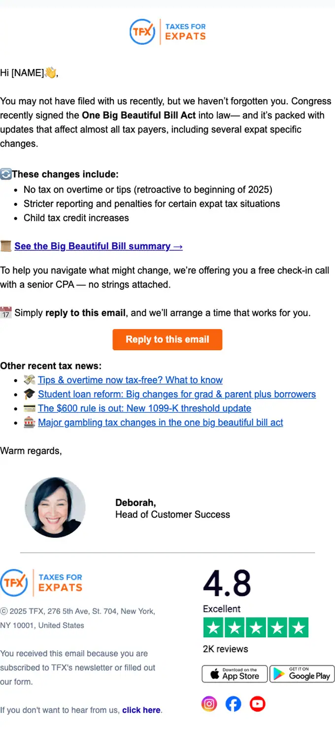 TFX newsletter email, full length