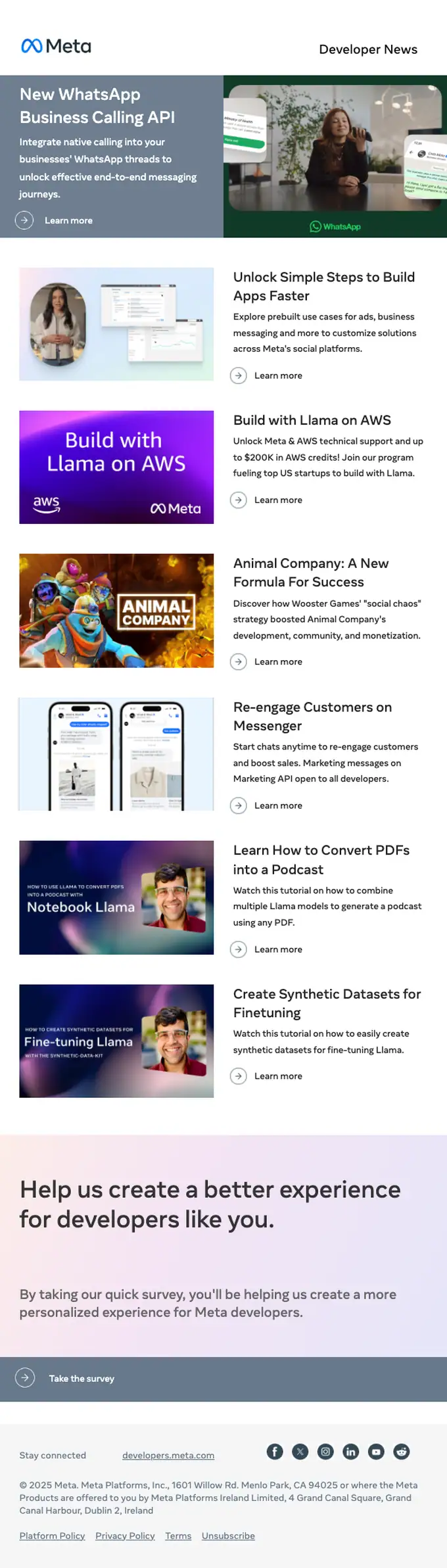 Meta for Developers newsletter email, full length