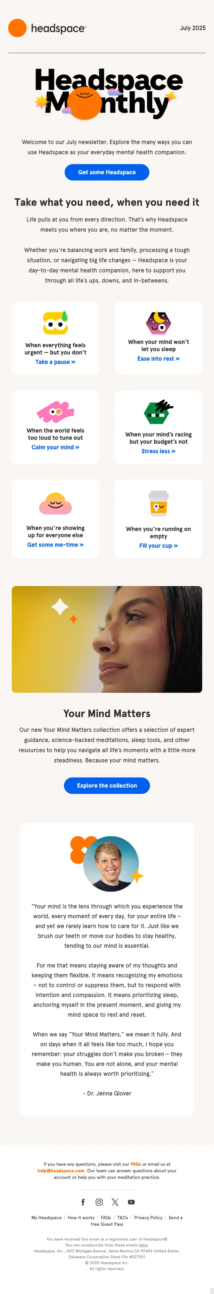 Headspace newsletter email, full length