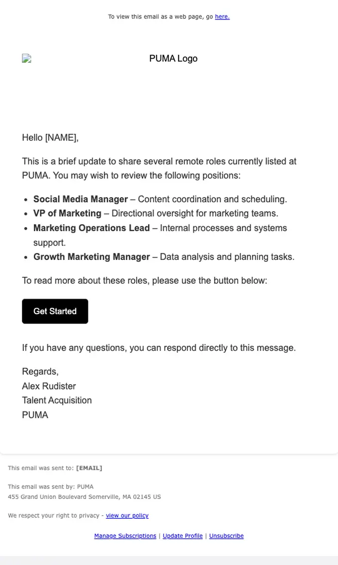 PUMA job alert email, full length