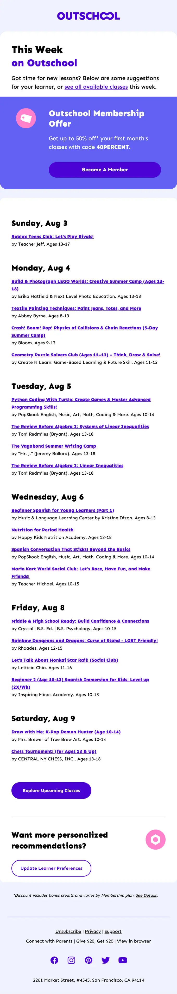 Outschool newsletter email, full length