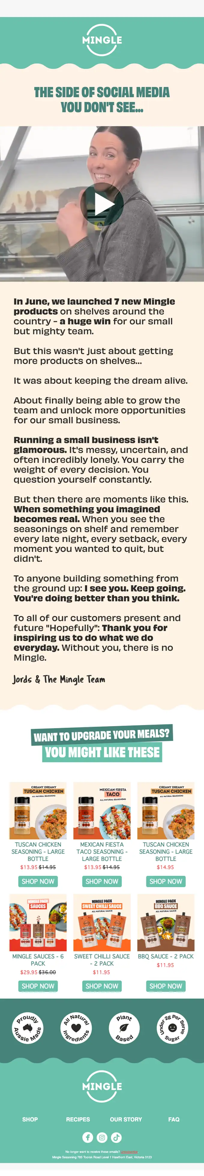 Mingle Seasoning promotional email, full length