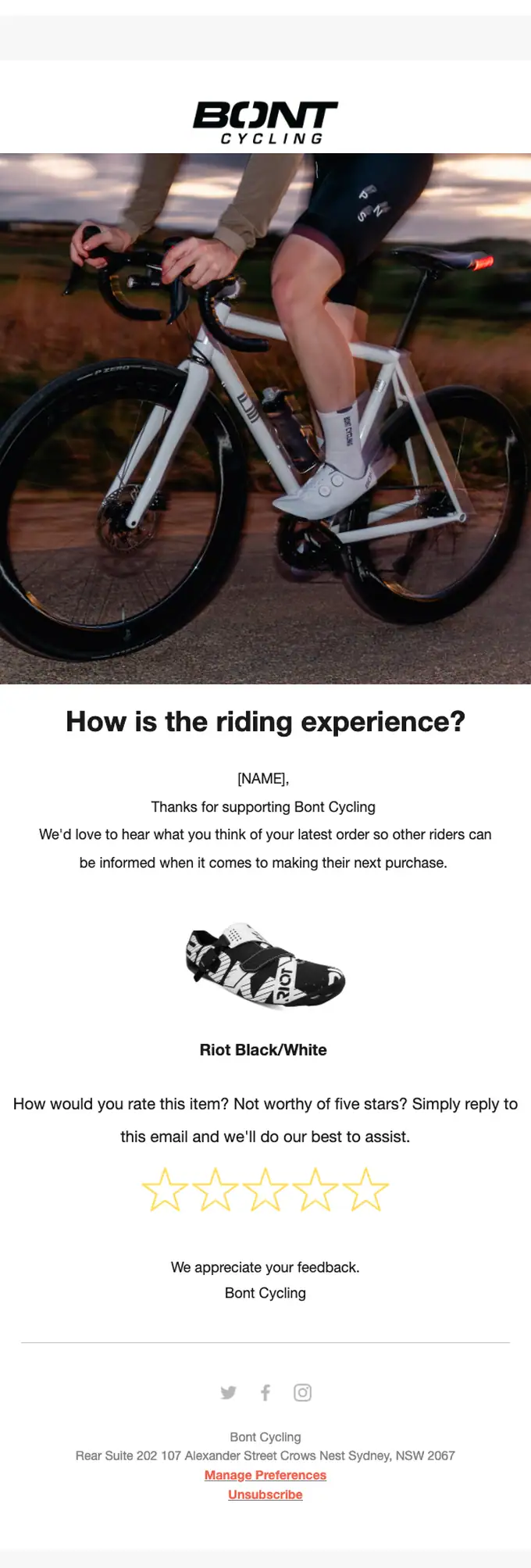 Bont Cycling survey email, full length