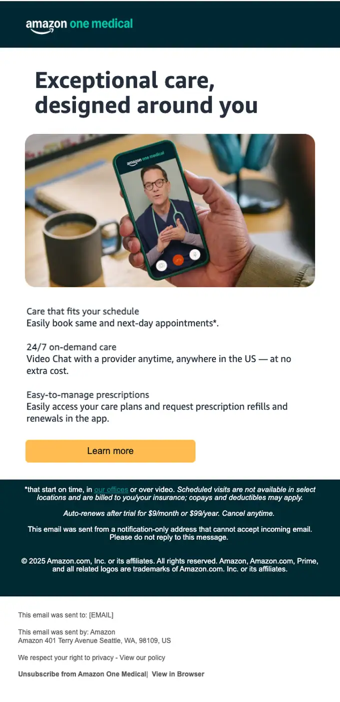 Amazon Health promotional email, full length