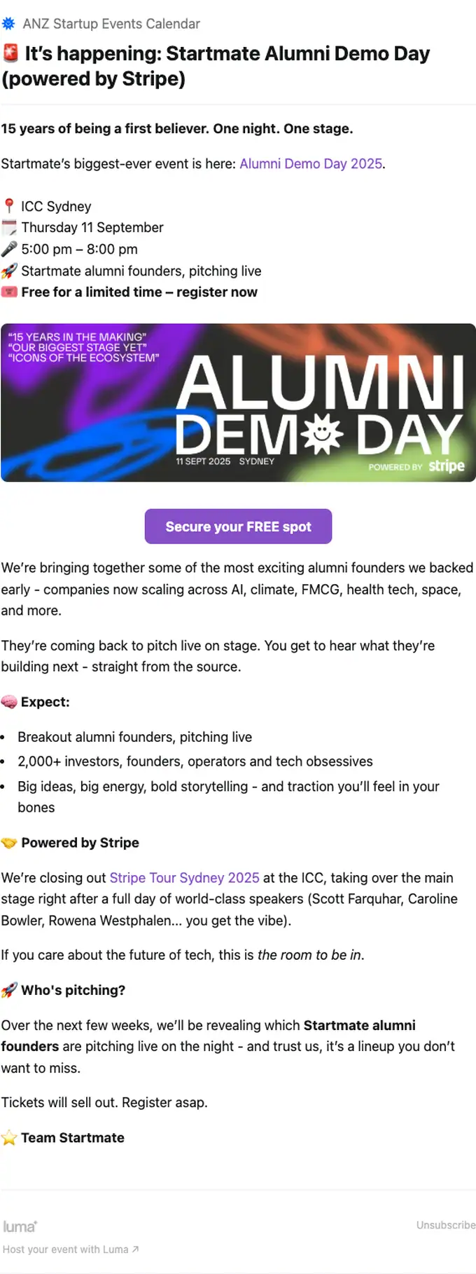 ANZ Startup Events Calendar event invite email, full length