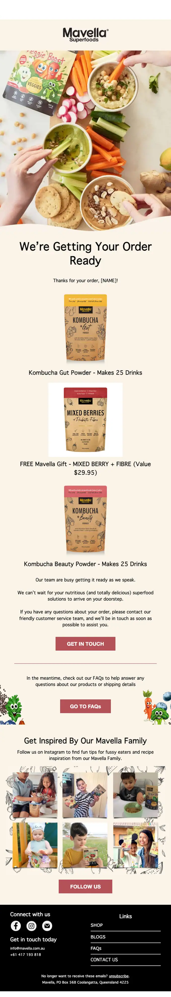 Mavella order confirmation email, full length